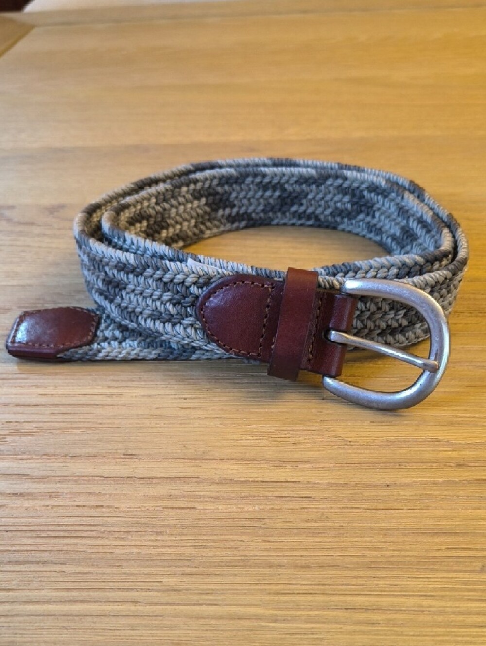 J. Crew Grey Woven Knit Belt with Brown Leather Accents